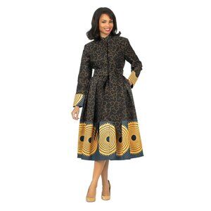 Giovanna Stand Collar A-Line Royal Print Dress w/ Belt
